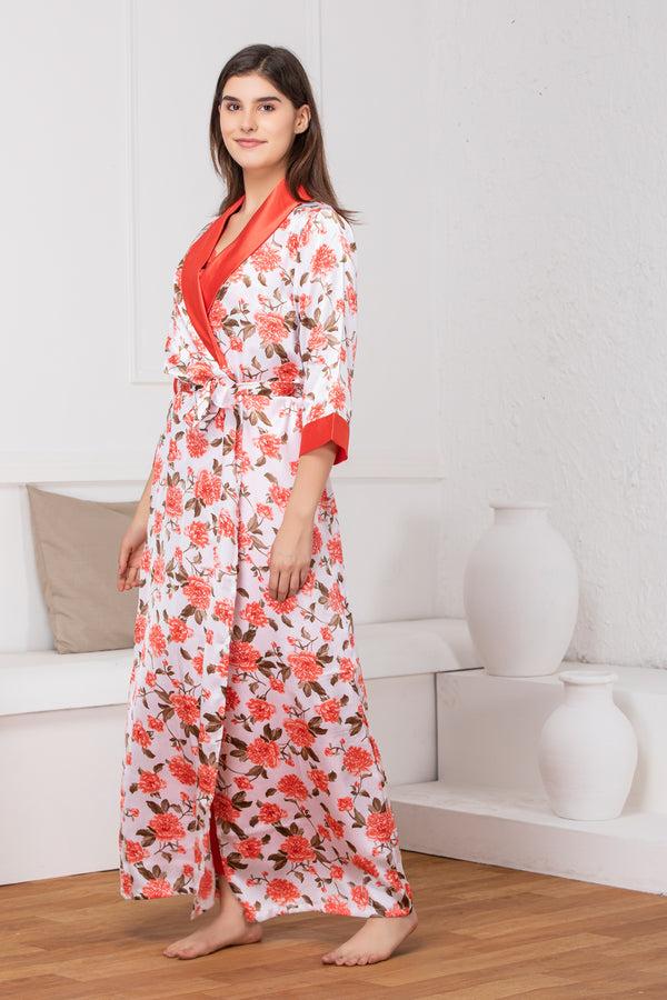 Private Lives Print Satin Red Long Nightgown Set