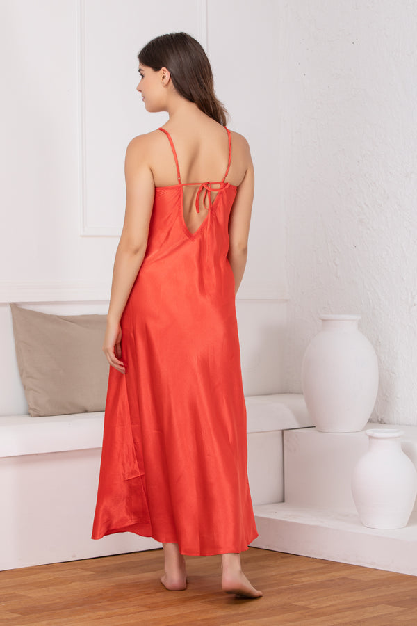 Private Lives Print Satin Red Long Nightgown Set