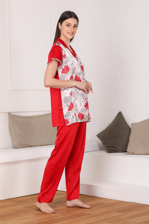 Private Lives Printed Red Satin Night Suit