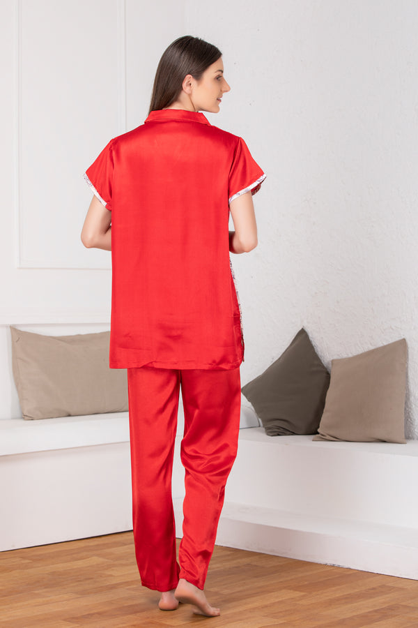 Private Lives Printed Red Satin Night Suit