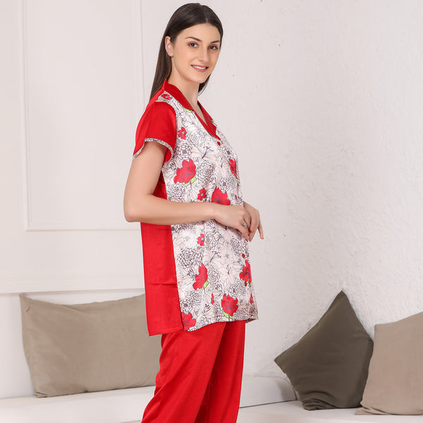 Private Lives Printed Red Satin Night Suit