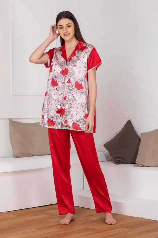 private lives Printed Red Satin Night suit