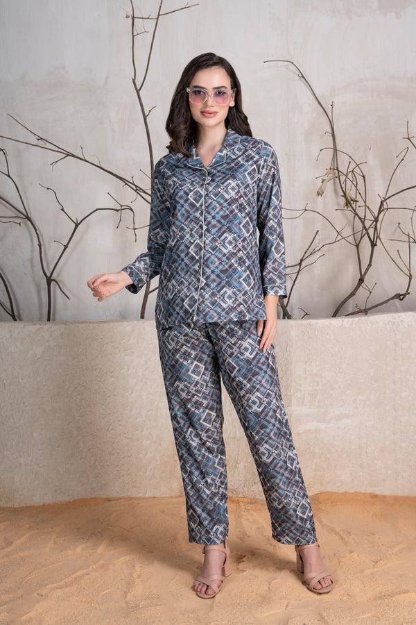 Private Lives Printed Satin Classic Collar Pj Set