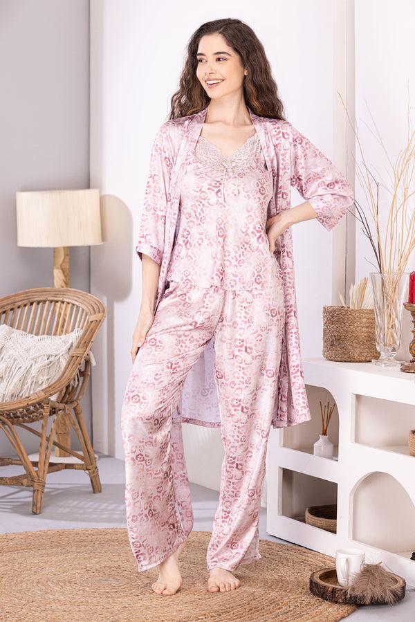 private lives Printed Satin Night suit with Robe