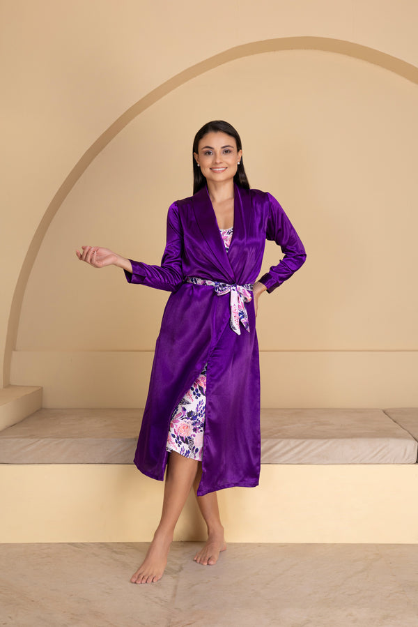 Private Lives Purple Printed Satin Nightgown Set