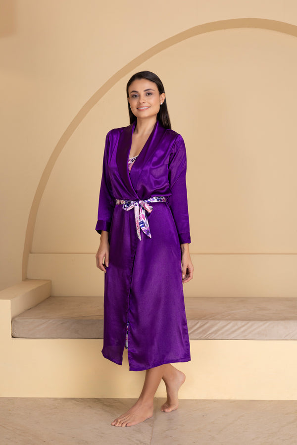 Private Lives Purple Printed Satin Nightgown Set