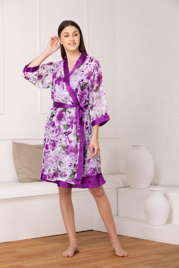 Private Lives Purple Printed Satin Nightgown Set