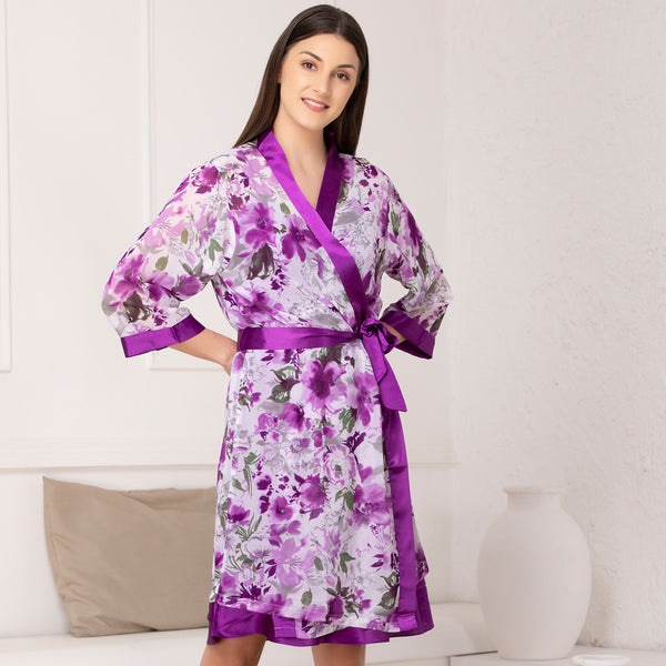 Private Lives Purple Printed Satin Nightgown Set