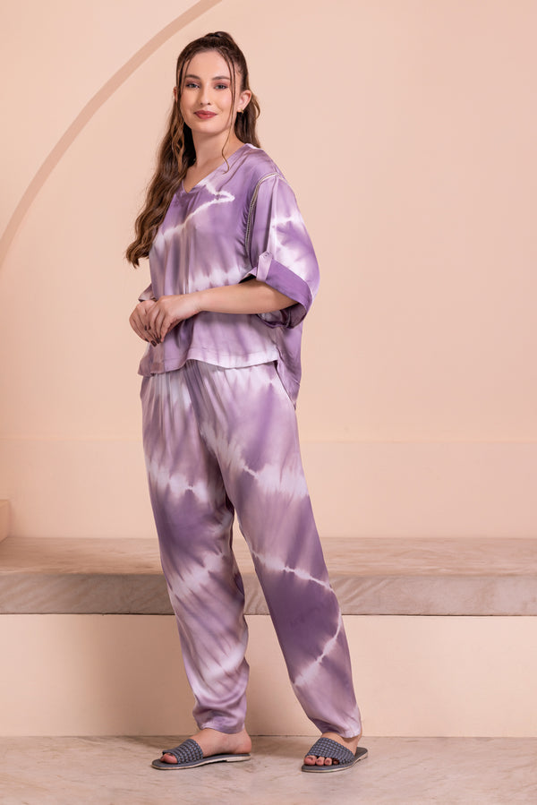 Private Lives Purple Tye & Dye Satin Pj Set