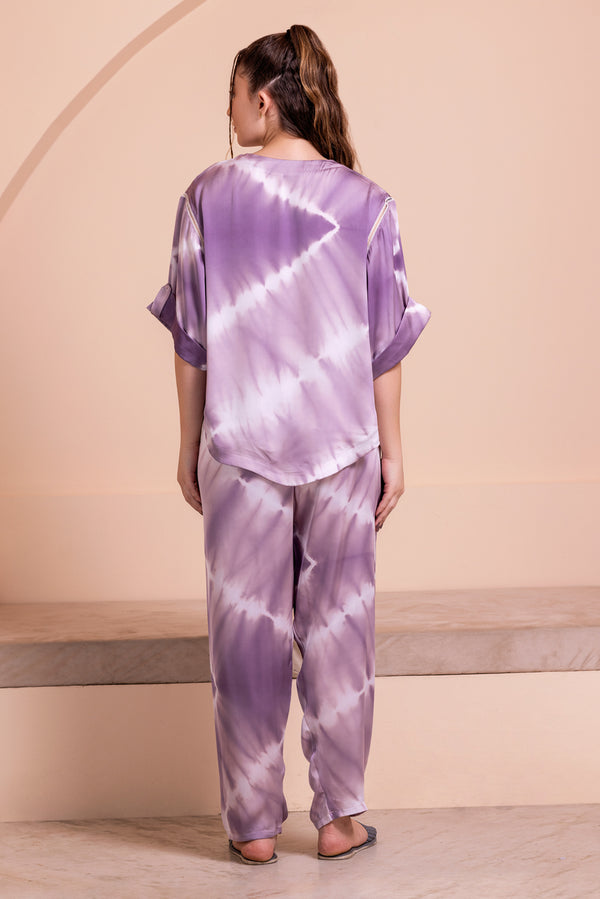 Private Lives Purple Tye & Dye Satin Pj Set