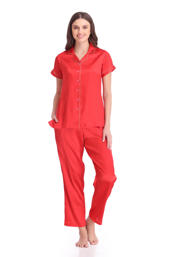 Private Lives Red Satin Classic Collar Night Suit
