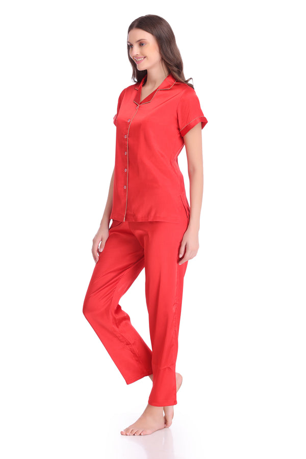 Private Lives Red Satin Classic Collar Night Suit