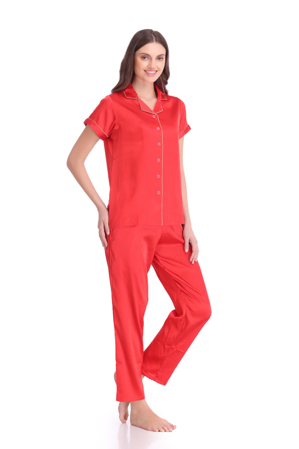 Private Lives Red Satin Classic Collar Night Suit