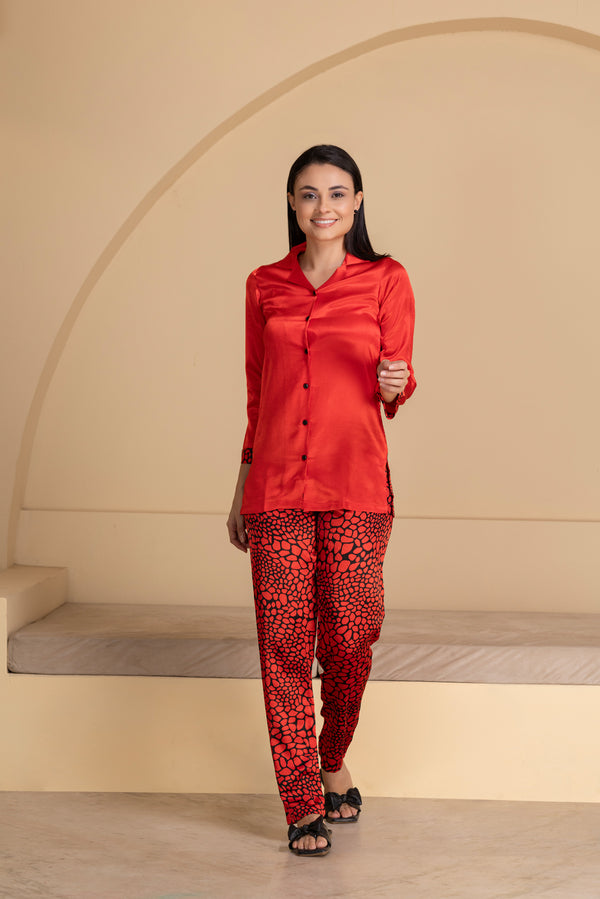 Private Lives Red Satin Night Suit Set