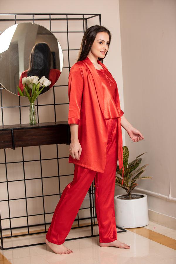 Private Lives Red Satin Night Suit With Robe Set