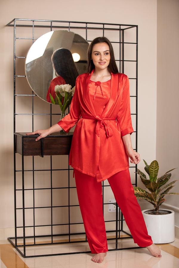 Private Lives Red Satin Night Suit With Robe Set