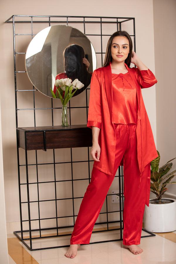 private lives Red satin Night suit with Robe Set