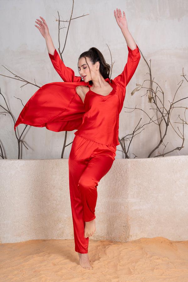private lives Red Satin Night Suit With Robe Set