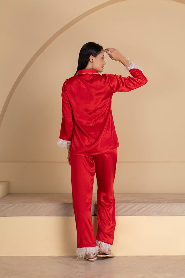 Private Lives Red Satin Pj Set With Feather Design