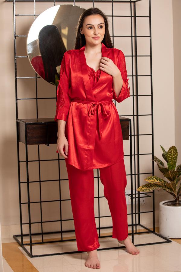 private lives Red Satin Strap & Robe Night Suit