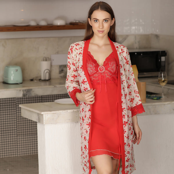 Private Lives Red Soft Chiffon Nightgown Set