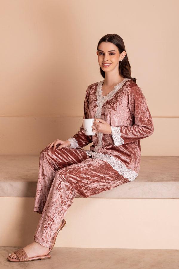 Private Lives Rose Ice Velvet Pj Set With Lacework