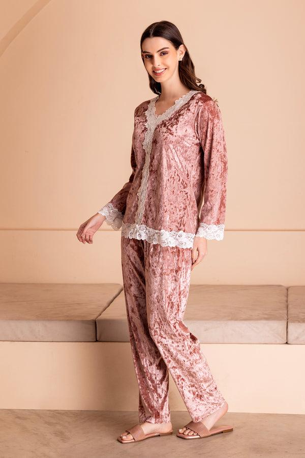 Private Lives Rose Ice Velvet Pj Set With Lacework