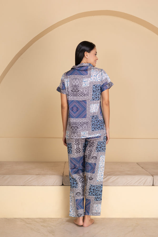 Private Lives Satin Blue Printed Collar Night Suit