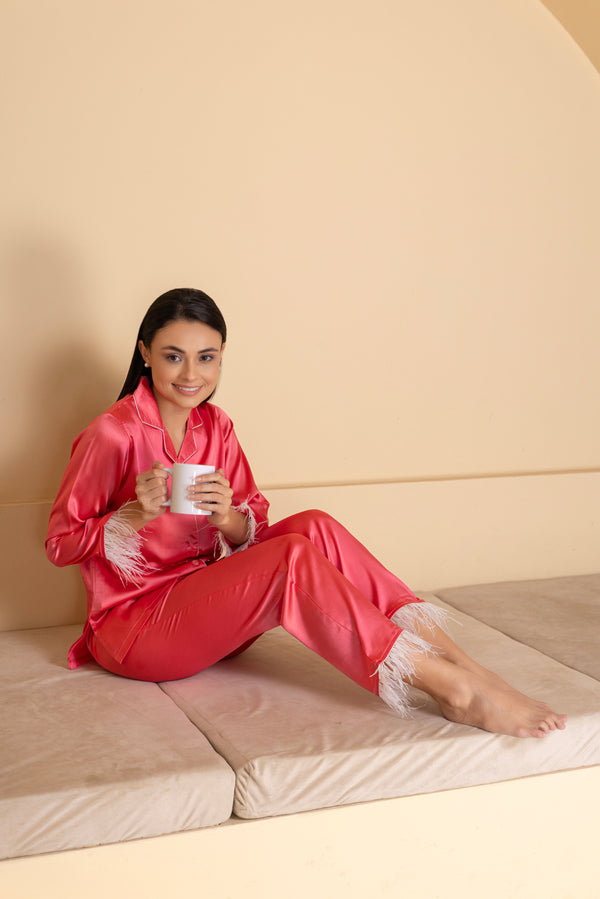 Private Lives Satin Night Suit Set With Feather