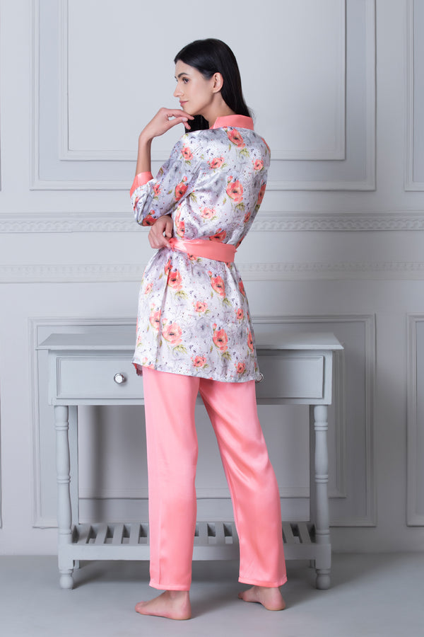 Private Lives Satin Night Suit With Floral Robe