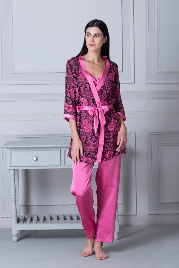 Private Lives Satin Night Suit With Floral Robe