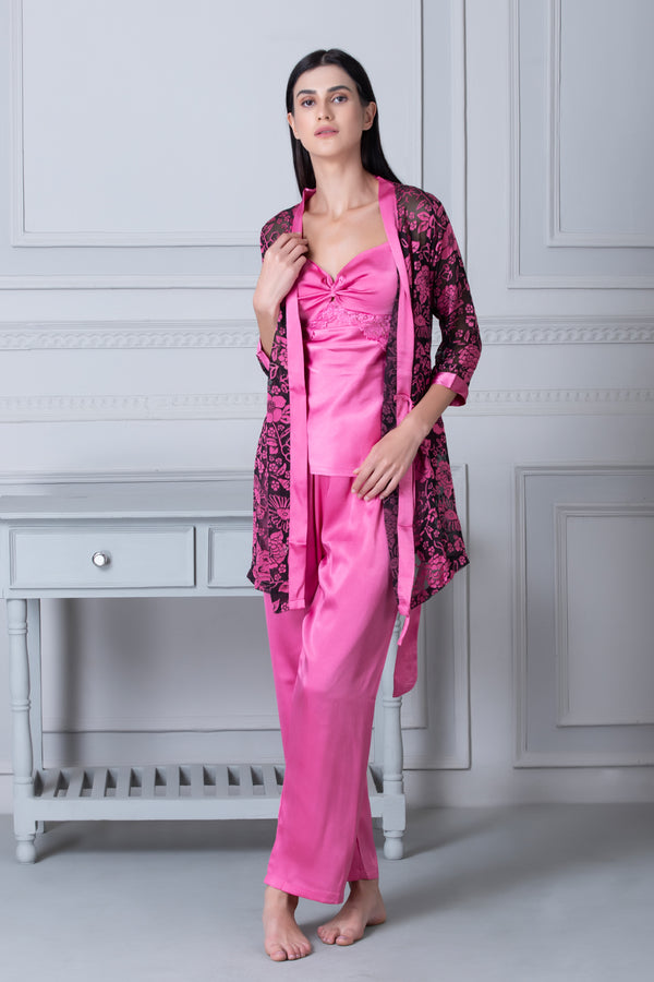 Private Lives Satin Night Suit With Floral Robe