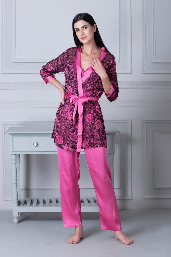 private lives Satin Night suit with Floral Robe