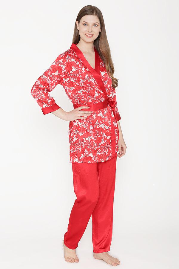 Private Lives Satin Night Suit With Floral Robe