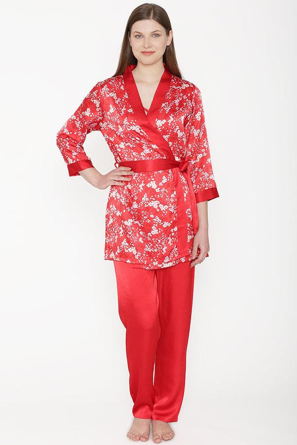 private lives Satin Night suit with Floral Robe