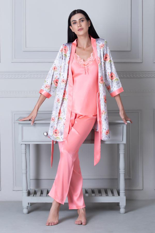 private lives Satin Night suit with Floral Robe