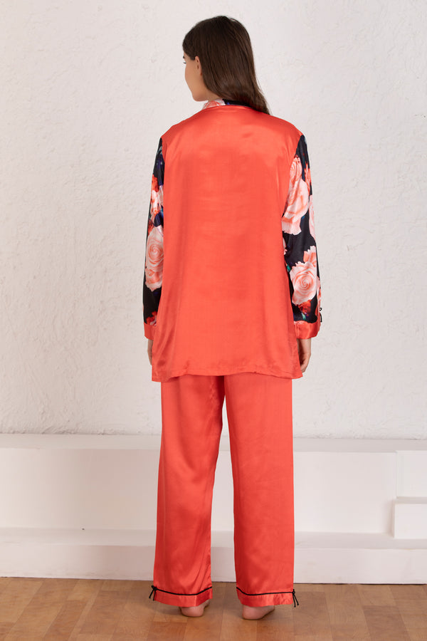 Private Lives Satin Night Suit With Floral Sleeves