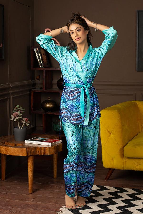 private lives Satin Night suit with Printed Robe
