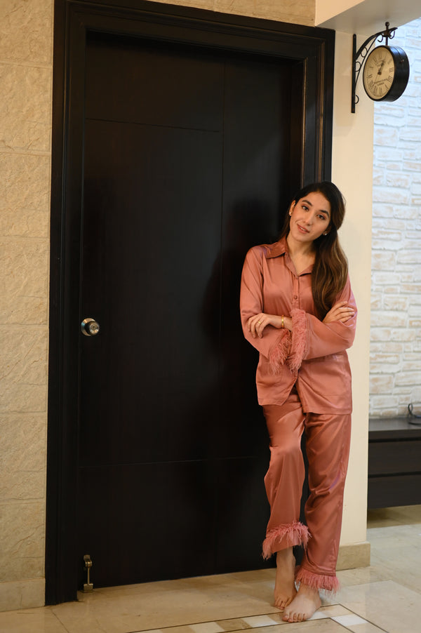 Private Lives Satin Pj's In Rust With Fur Detail