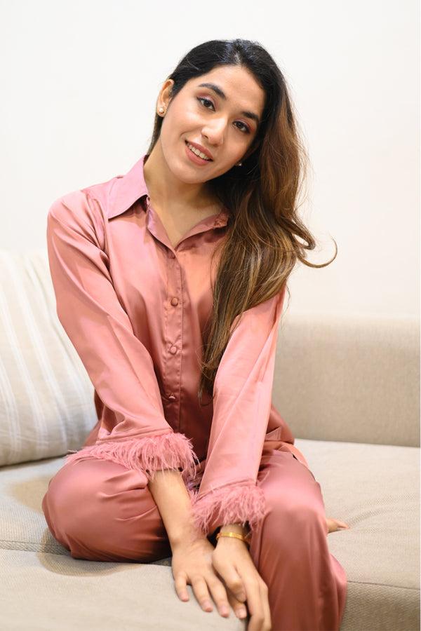 private lives Satin Pj's in Rust with Fur detail