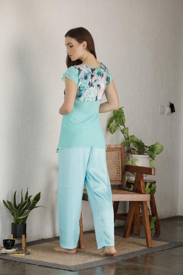 Private Lives Sky Blue Chiffon & Satin Night Suit
