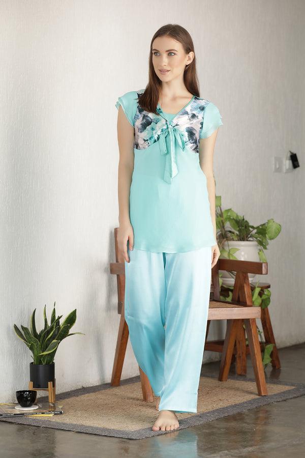 private lives Sky Blue Chiffon & Satin Night suit