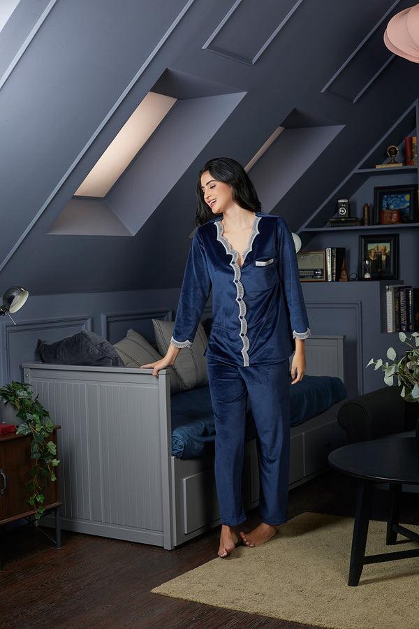 Private Lives Velvet Night Suit With Lace Detail