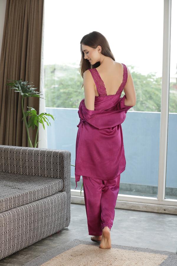 private lives Vine Satin Night Suit With Robe