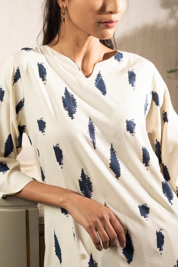 Private Lives White & Blue Rayon Ikat Co-ord Set