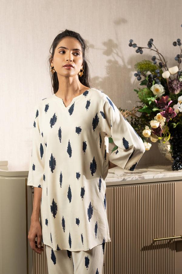 private lives White & Blue Rayon Ikat Co-ord Set