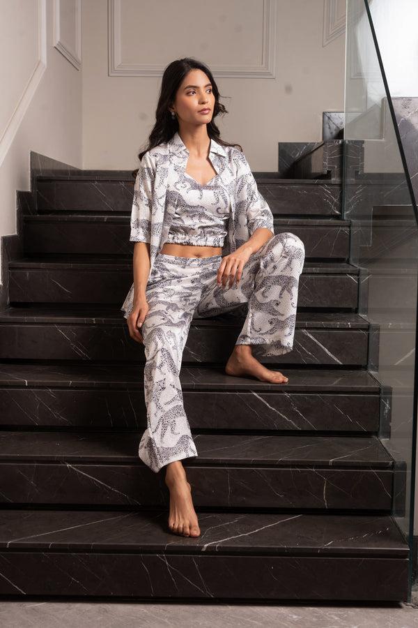 Private Lives White Leopard 3 Piece Satin Set
