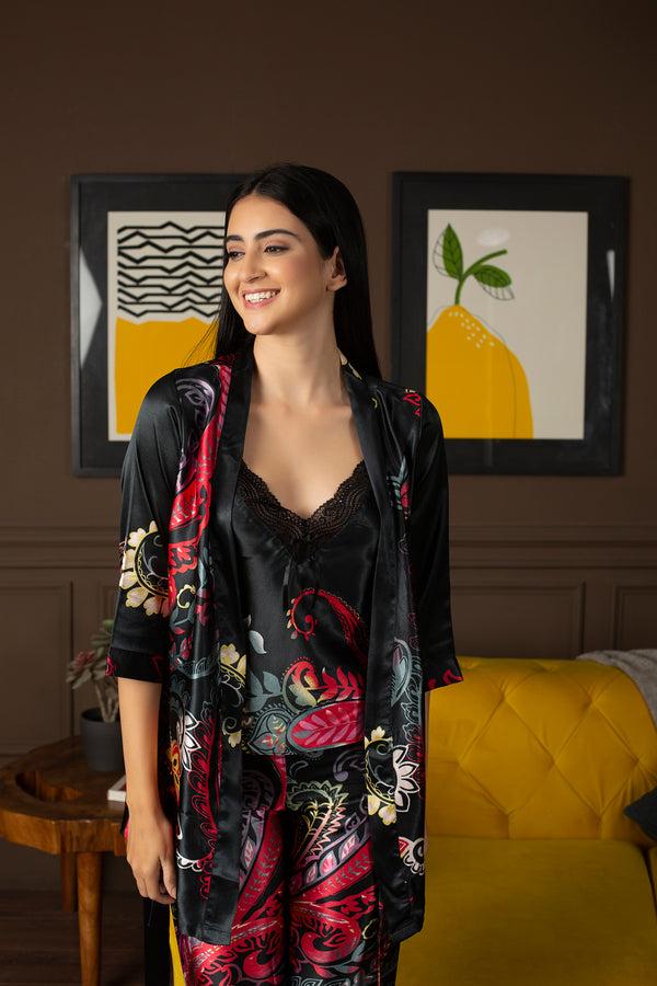 Private Lives Xandra Satin Night Suit With Wrap