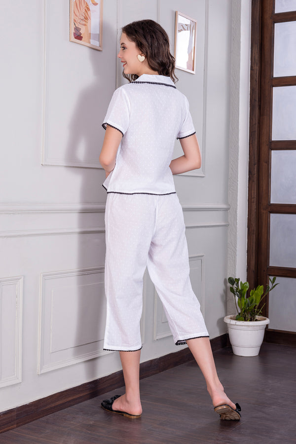 Private Lives Pure Cotton Classic Collar Pj Set With Black Lace