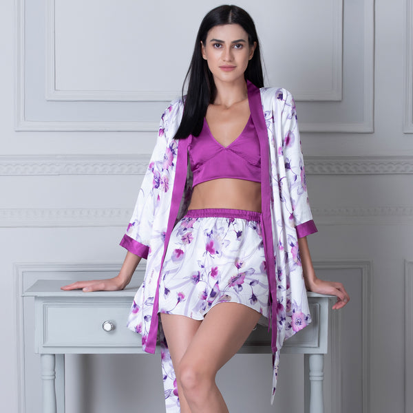 Private Lives Purple & White Satin Top & Skirt With Robe Set